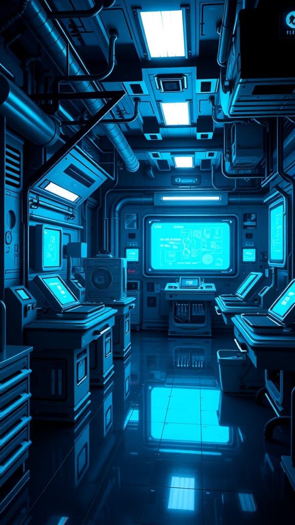 Futuristic Laboratory Scene in Neon Blue and Metallic Hues