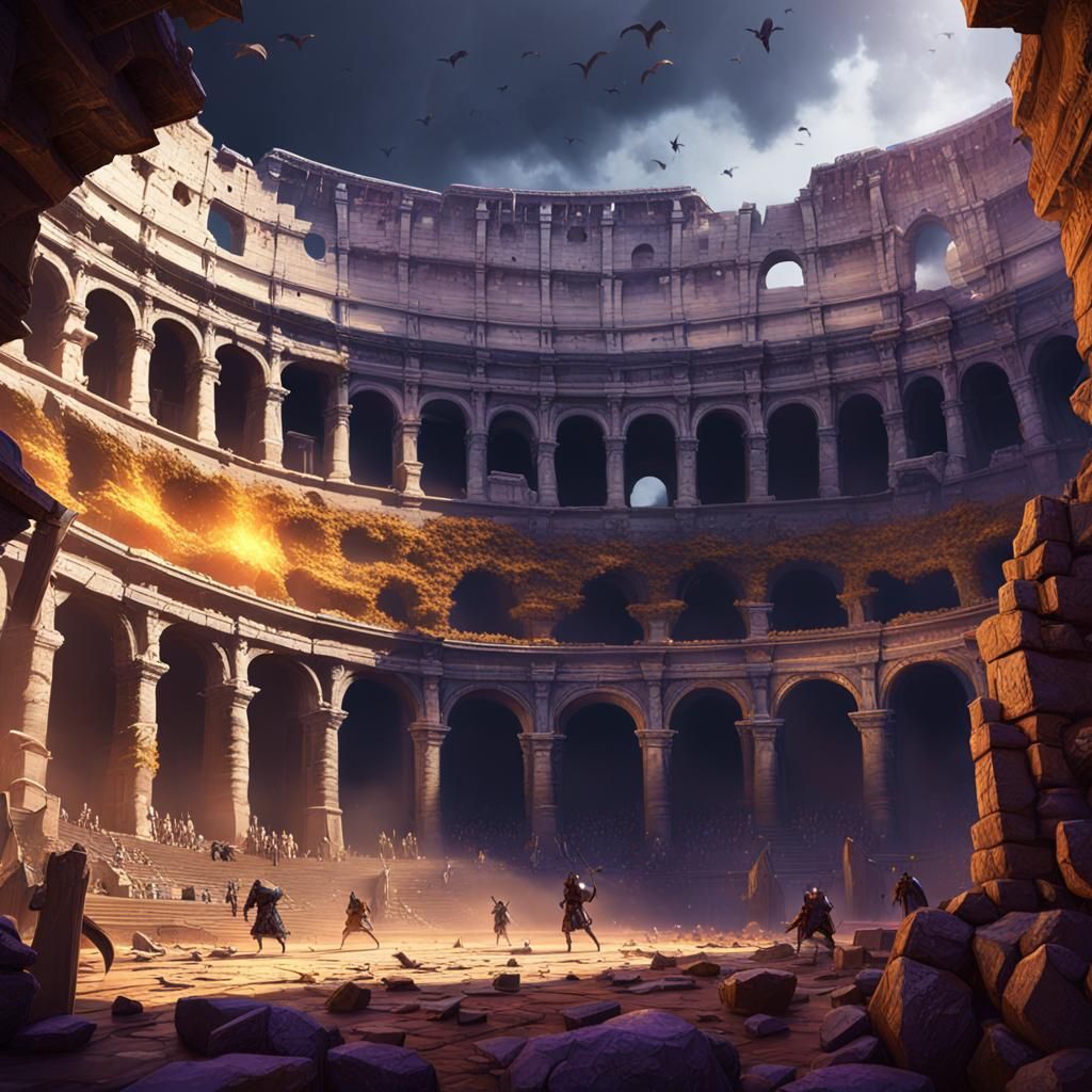 Epic Colosseum Gladiator Battle in Dark Fantasy Style