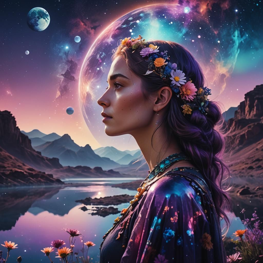 Woman Gazing at Alien Planet Double Exposure