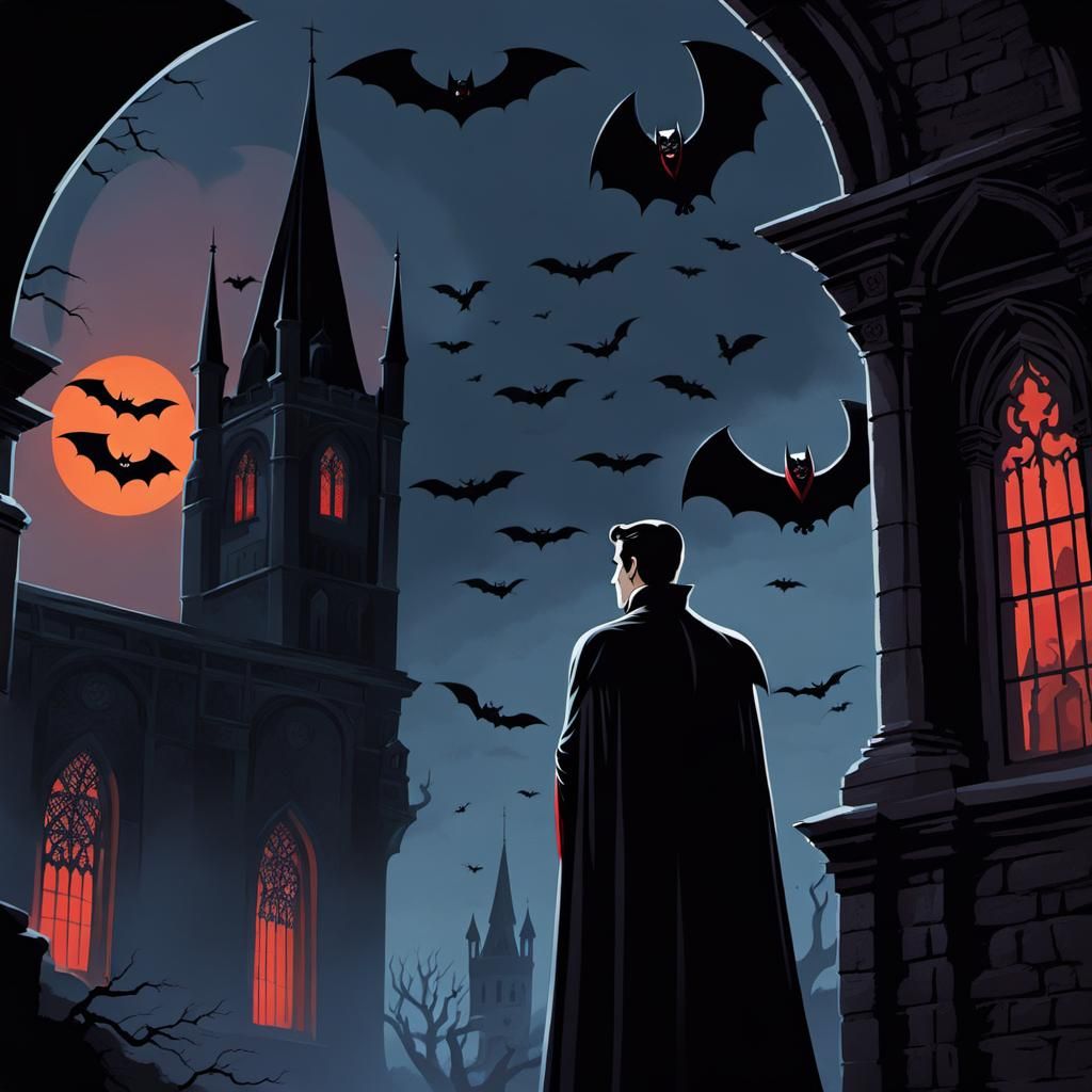 Classic Dracula Scene with Boy and Bats