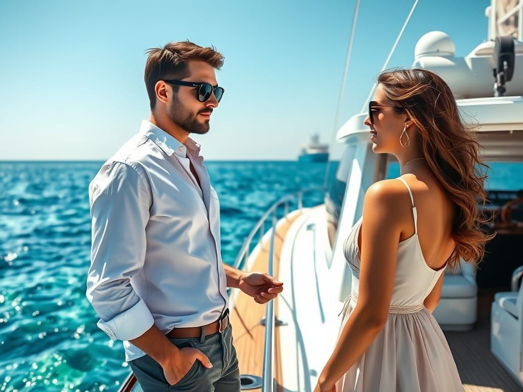 Yacht Scene: Man Greets Woman in Photorealistic Style