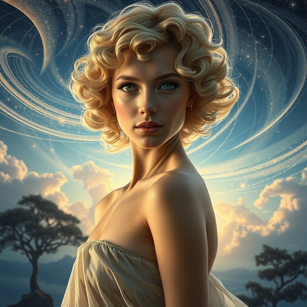 Ethereal Blonde Woman Amidst Iridescent Stardust