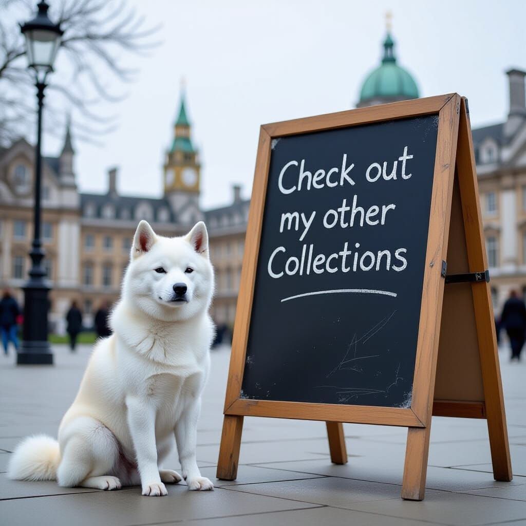 Albino Shiba Inu Beside Chalkboard Outside British Museum