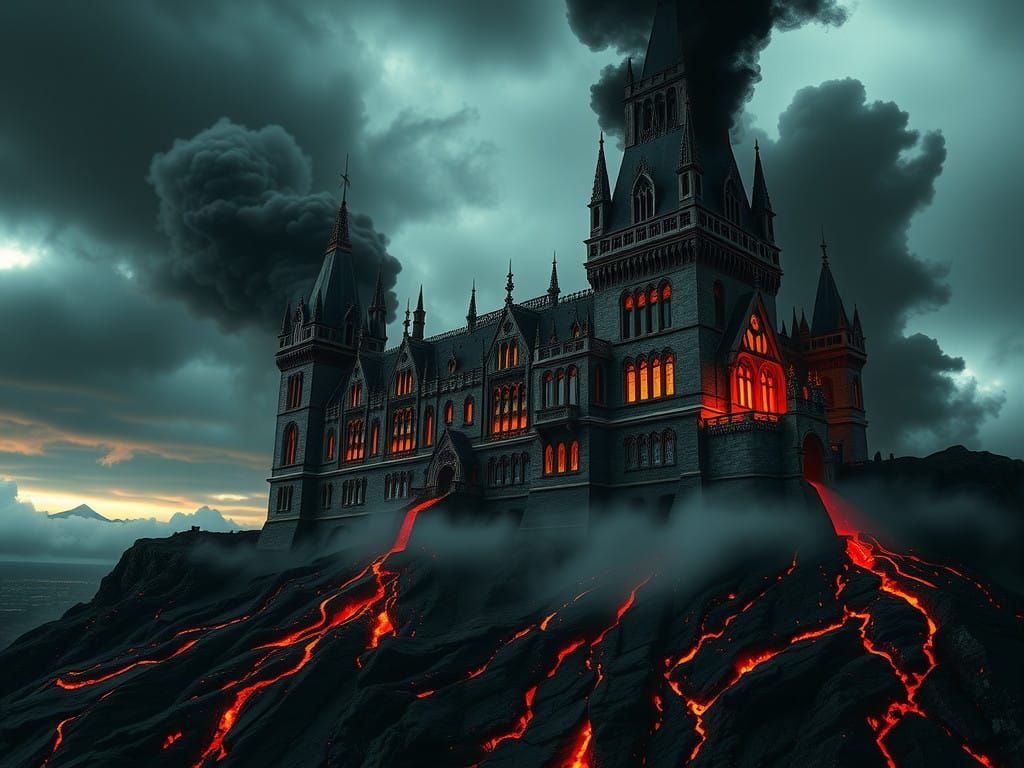 Ethereal Gothic Castle in Flight Amidst Erupting Volcano
