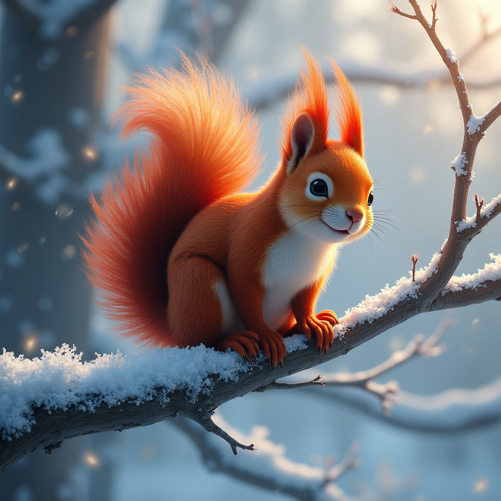 Red Squirrel on Snowy Branch in Hyperrealistic Style