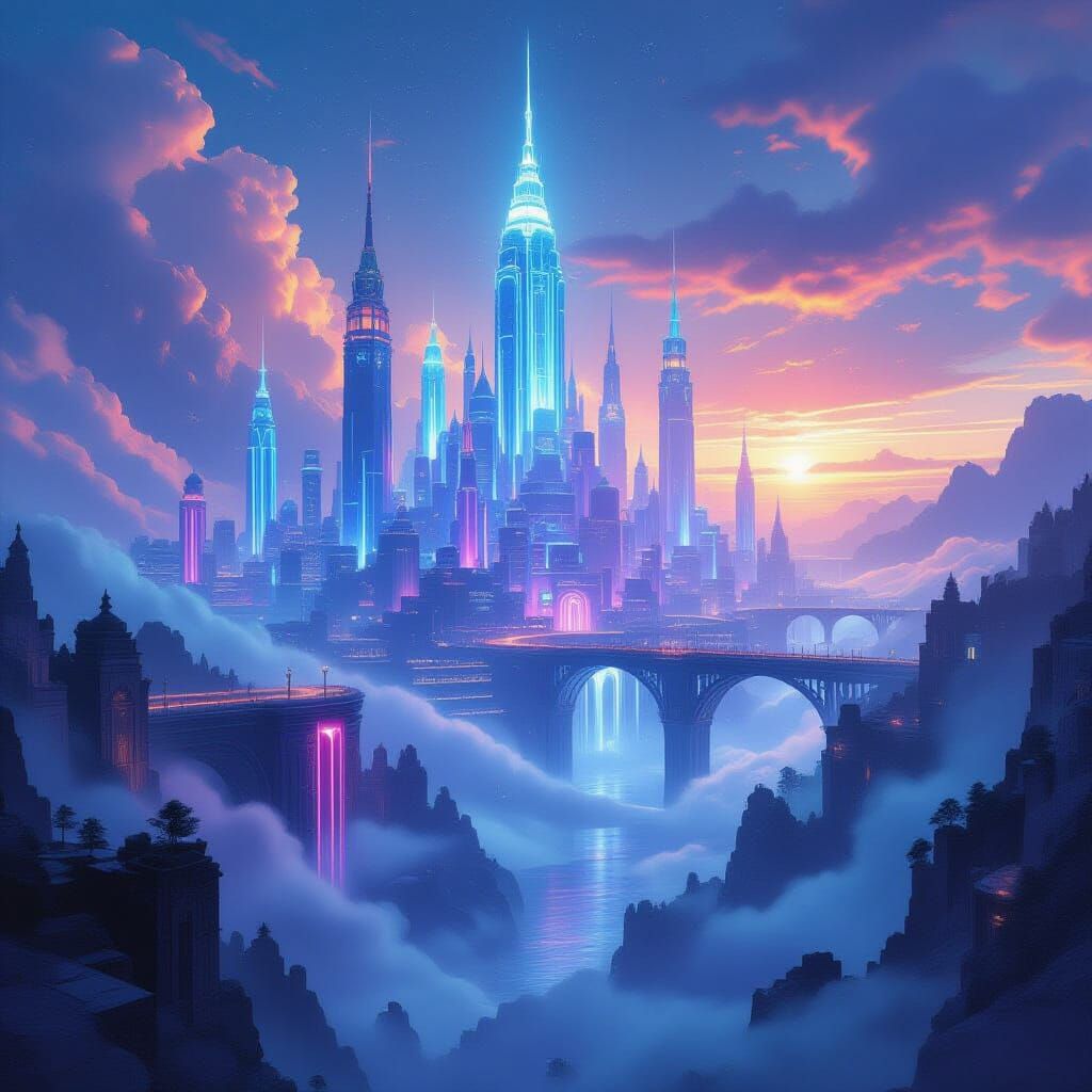 Surreal Glowing Fantasy City with Floating Bridges