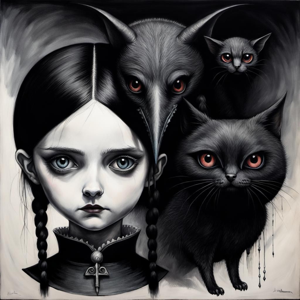Wednesday Addams and Shadow Pet in Charcoal