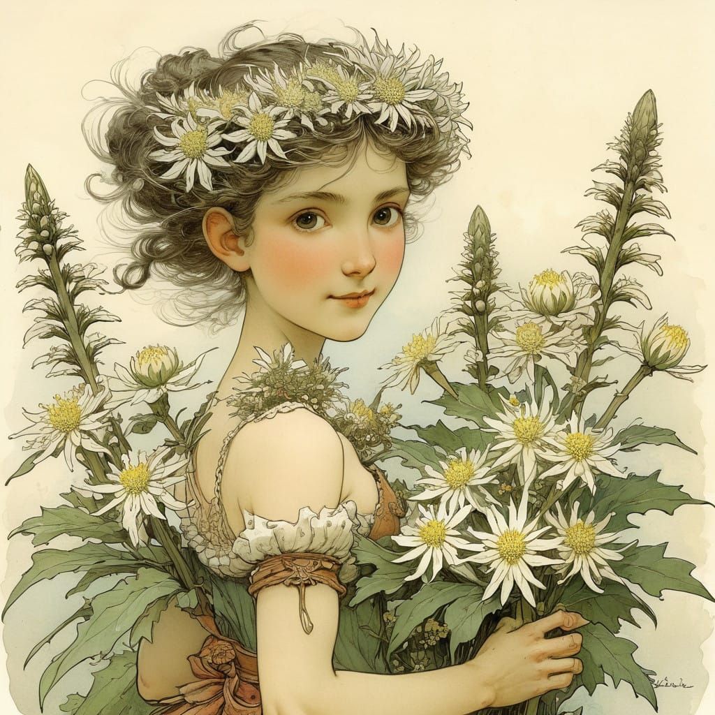 Edelweiss Blossoms in Whimsical Watercolor Style