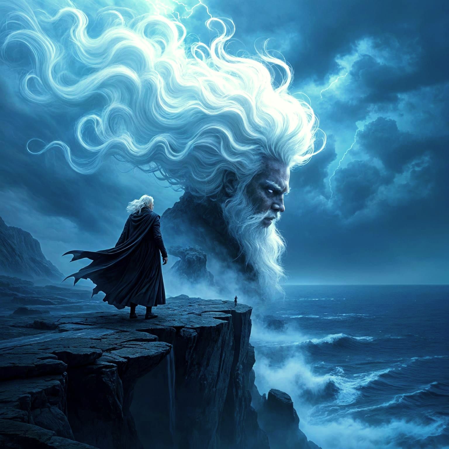 Mysterious Man with Swirling Mist Hairstyle on Cliff