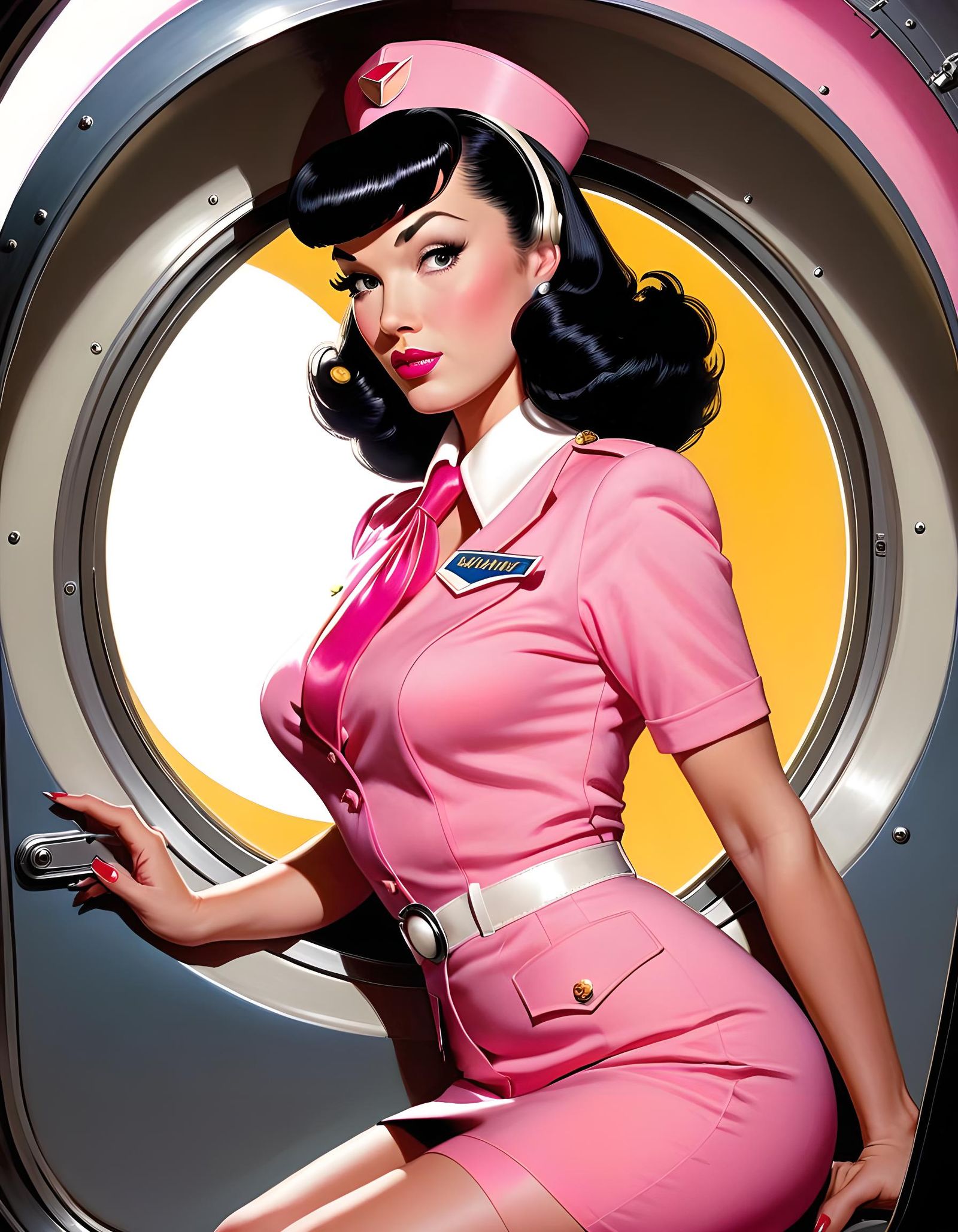 Betty Page as Flight Attendant in Retro-Futurist Comic Style