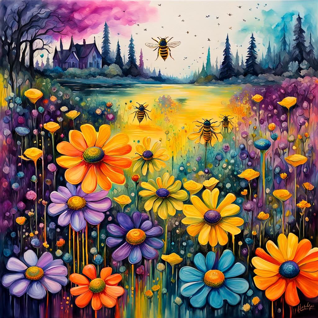 Psychedelic Bee in Gothic Folk Art Landscape