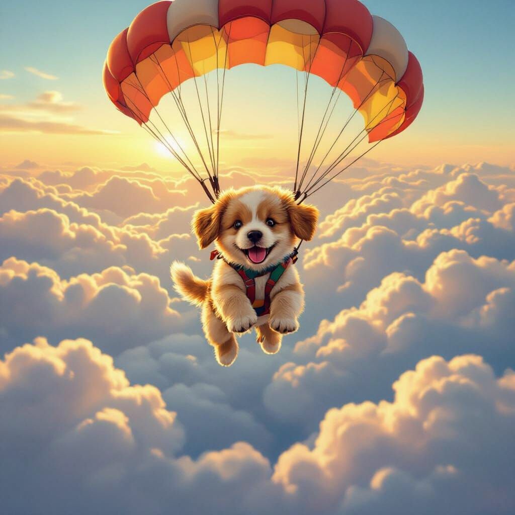 Joyful Puppy Parachuting Above Clouds in Golden Hour Glow