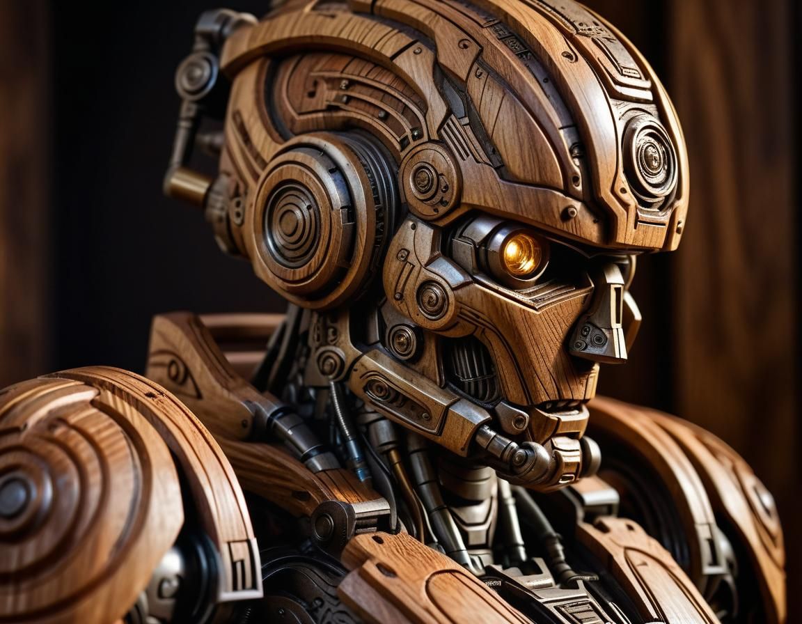 Baroque Sci-Fi Wood Carving of a Mech Soldier