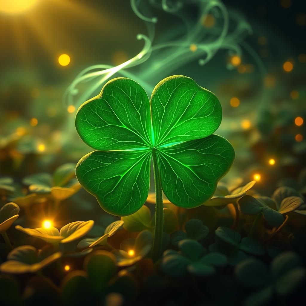Bioluminescent Four Leaf Clover in Dreamlike Close-Up