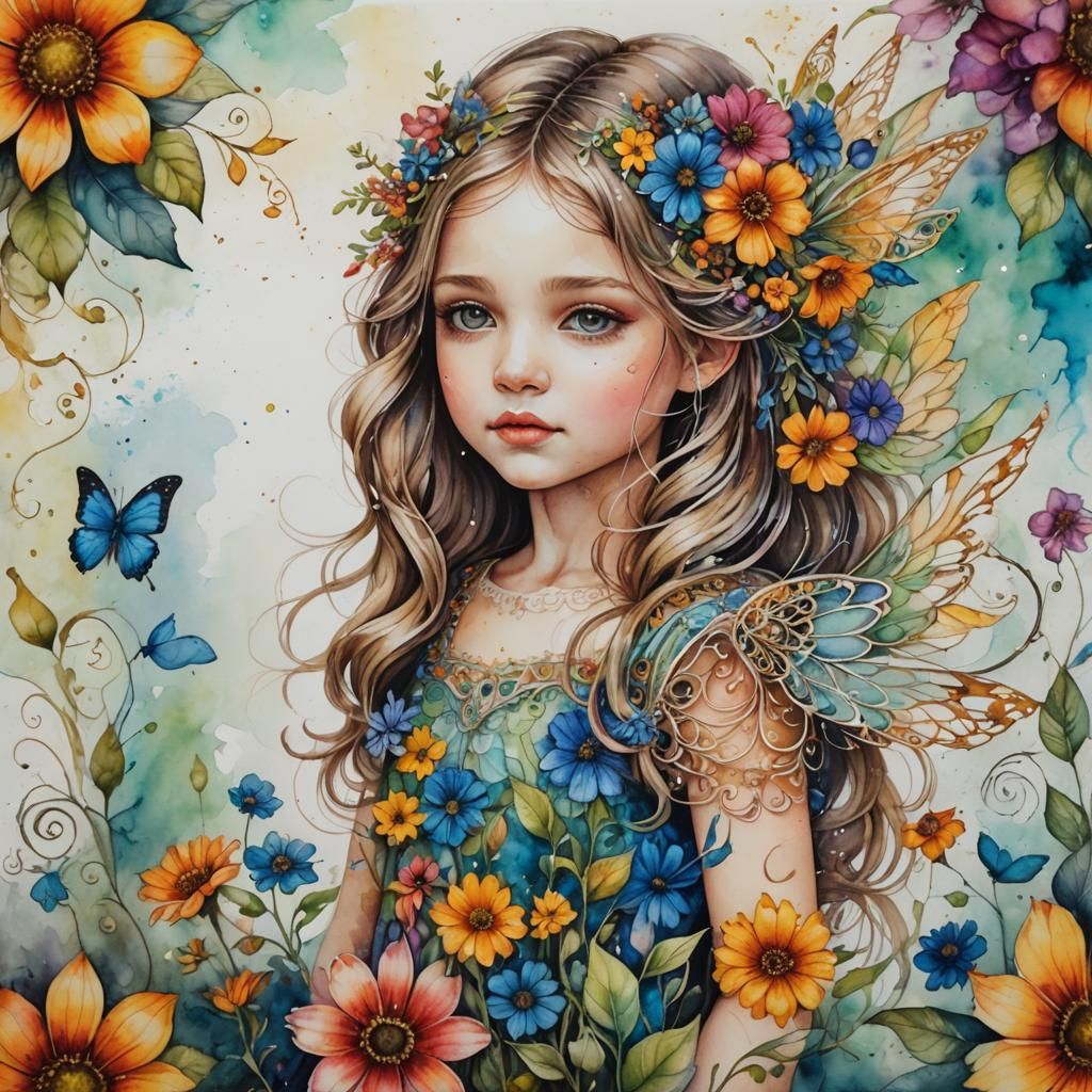 Hyperrealistic Watercolor of a Wildflower Girl