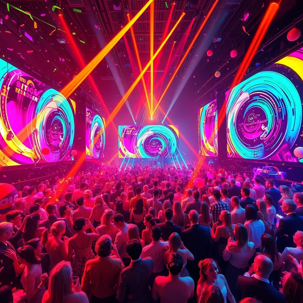 A lavish party scene with confetti and balloons, amidst a backdrop of screens displaying vibrant, swirling visuals, in t...