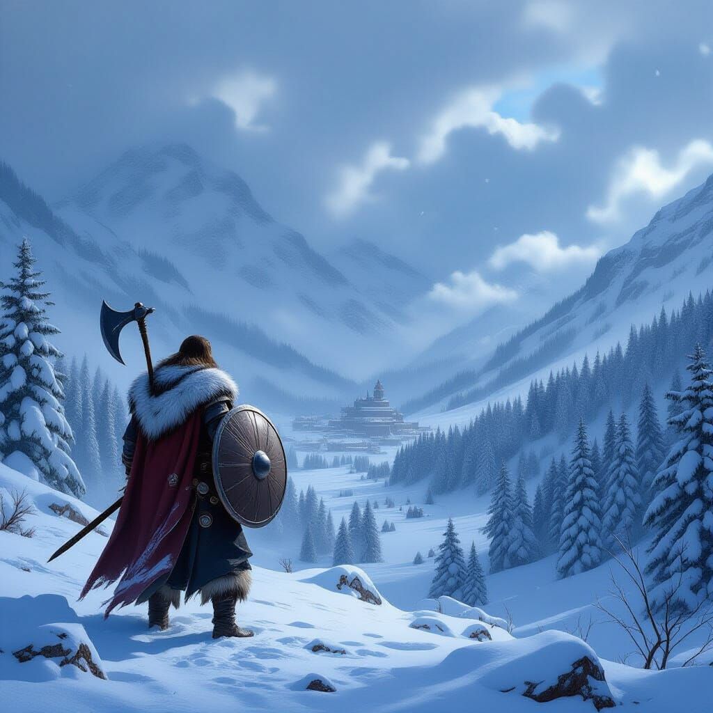 Medieval Warrior in Snowy Landscape, Matte Painting