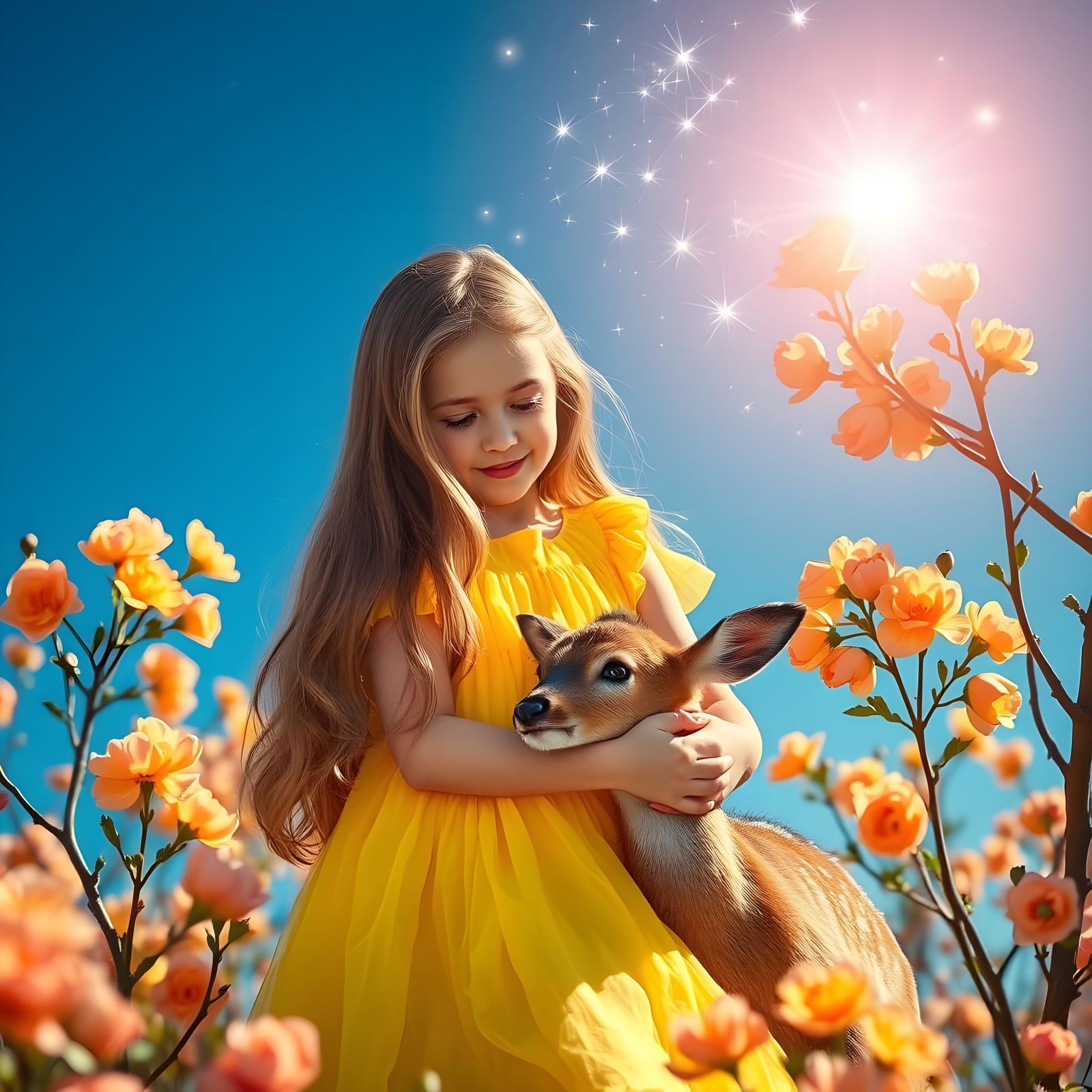 A European Girl in a Vibrant Spring Landscape with a Deer