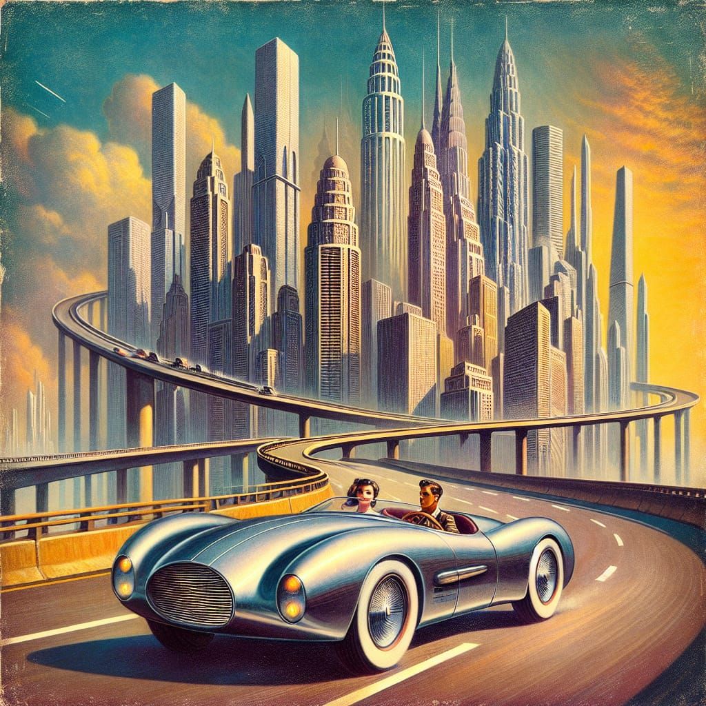 Retro-Futuristic Car on Highway in Expressionist Style