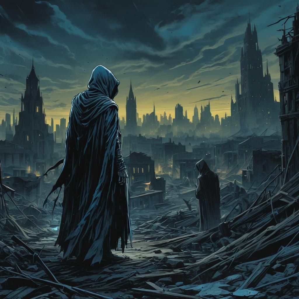 Death in Ruined Cityscape: Comic Book Art