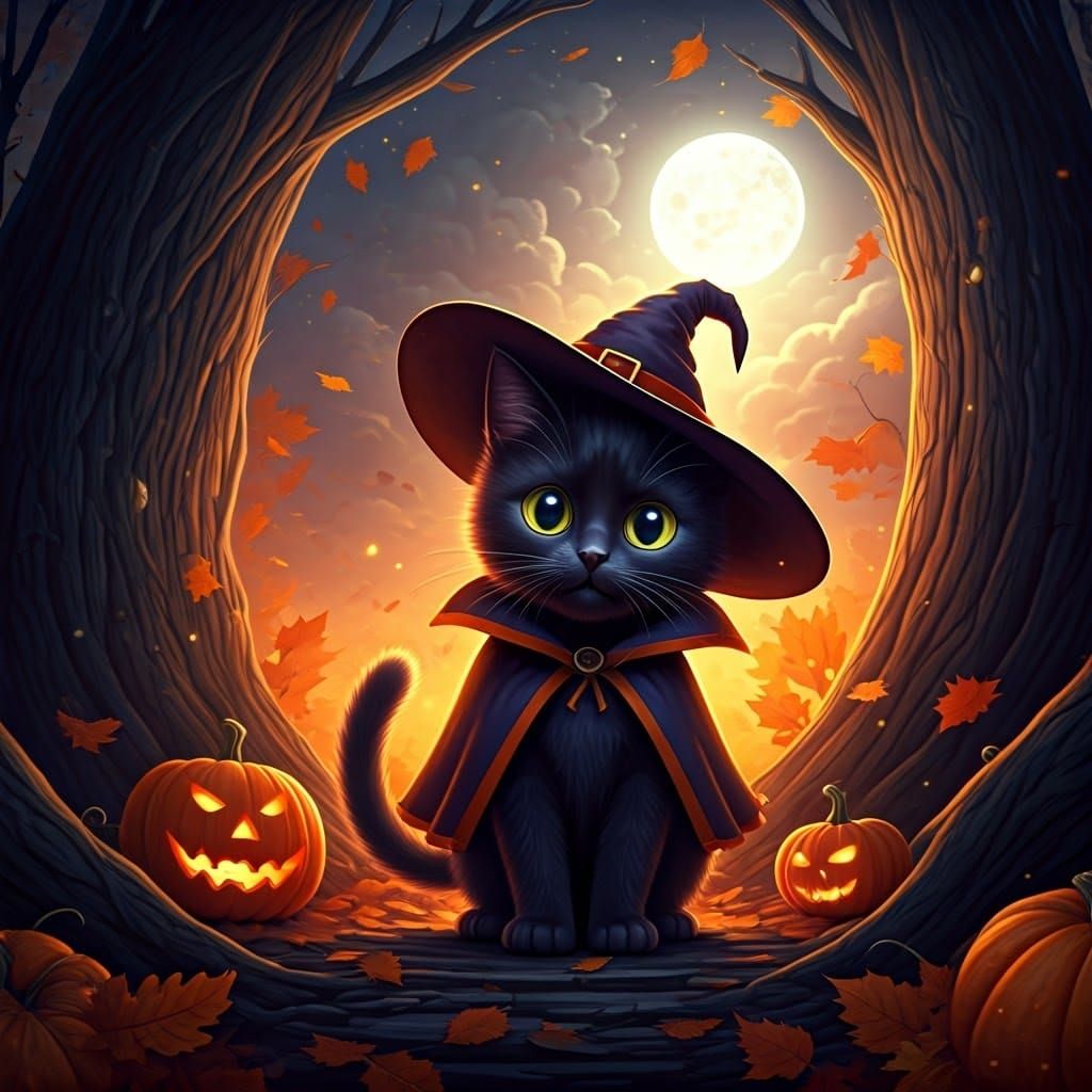 Enchanted Black Cat in Halloween Night Scene