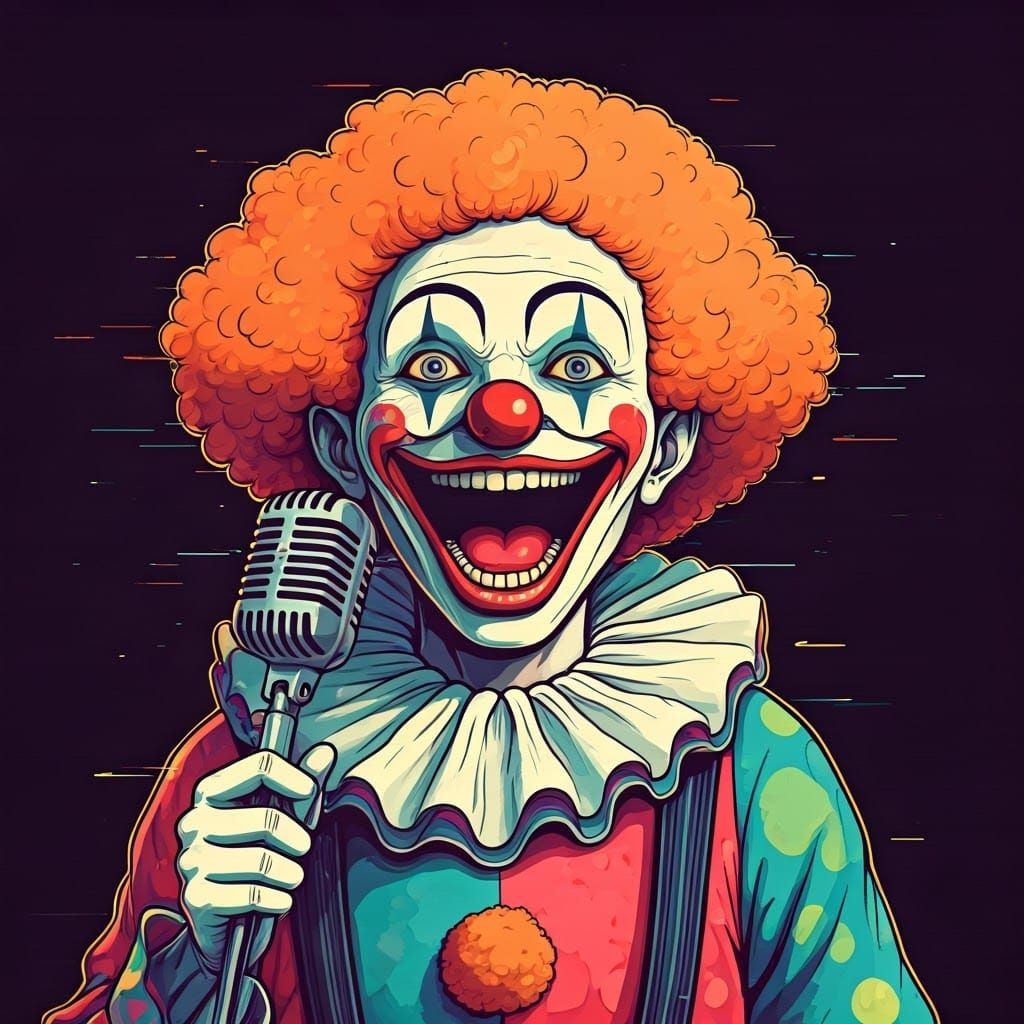 Vaporwave Clown with TV Mouth Singing in Exaggerated Style