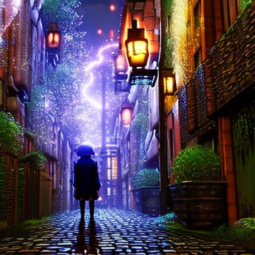 Rainy Ancient City Garden in Ghibli Style