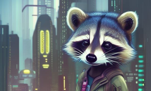 rocky raccoon in the cyberpunk city