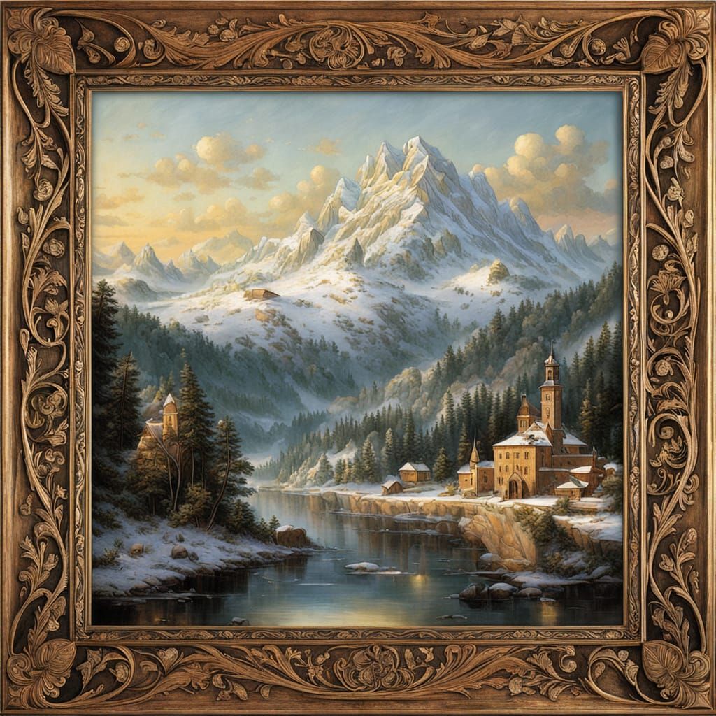 Vintage Winter Serenity in Hand-Carved Frame