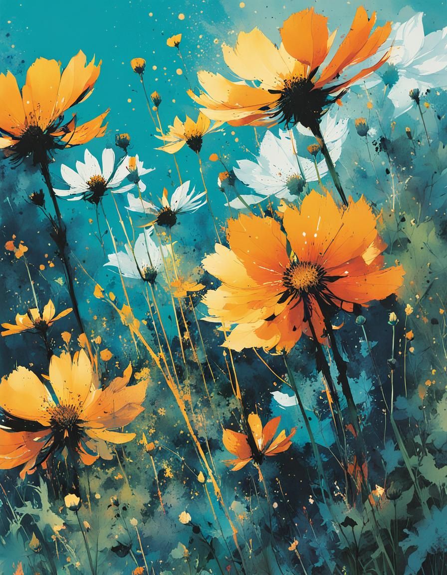 Detailed Wildflower Field with Ink Splatter Effects