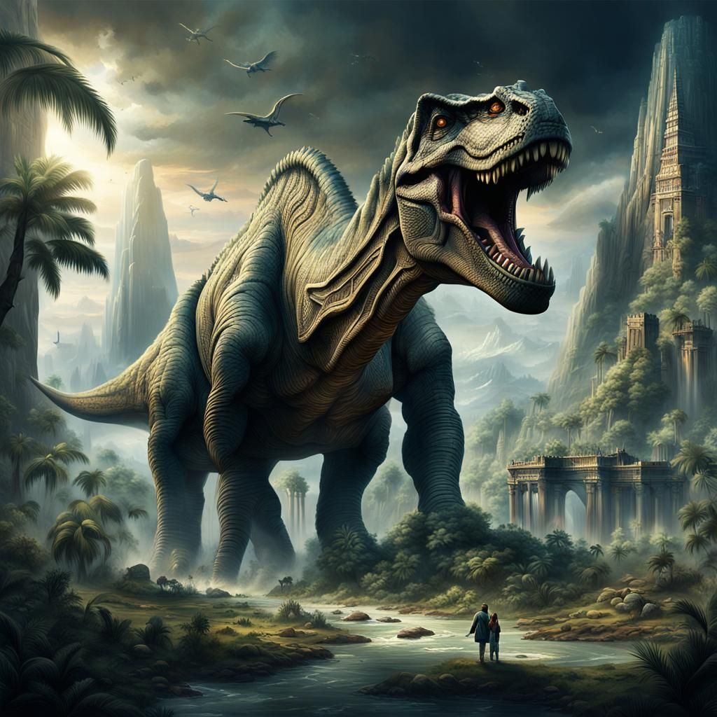Towering Dinosaurs Roaming Primeval Landscapes