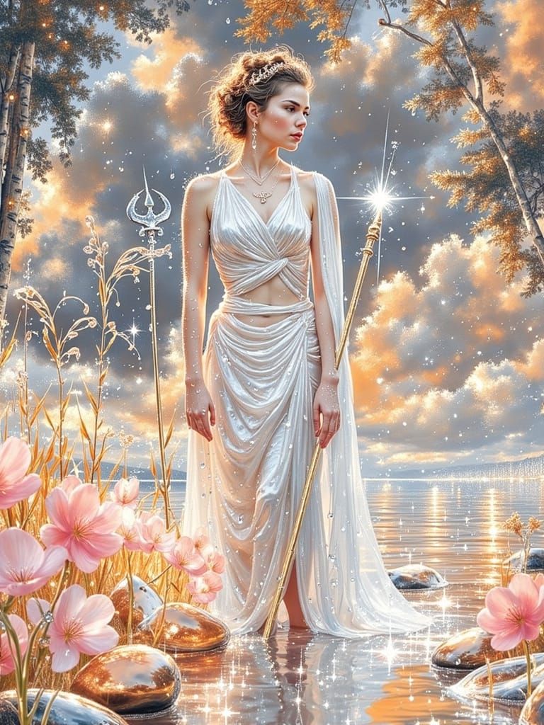 Ethereal Woman by Ancient Stones with Trident