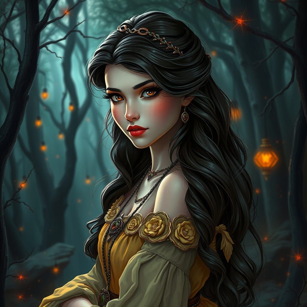 Cyberpunk Princess Belle in Dark Fantasy Forest