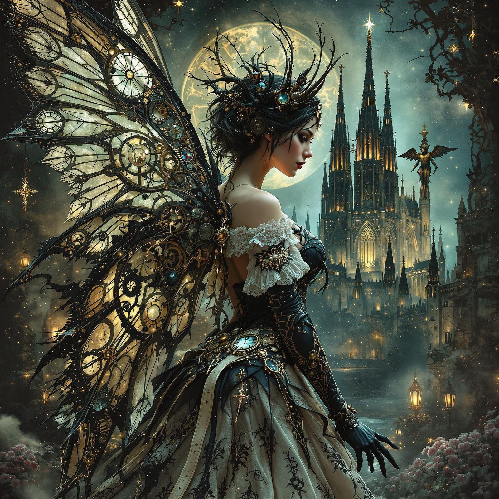 Steampunk Fairy with Clockwork Wings and Gothic Cathedral