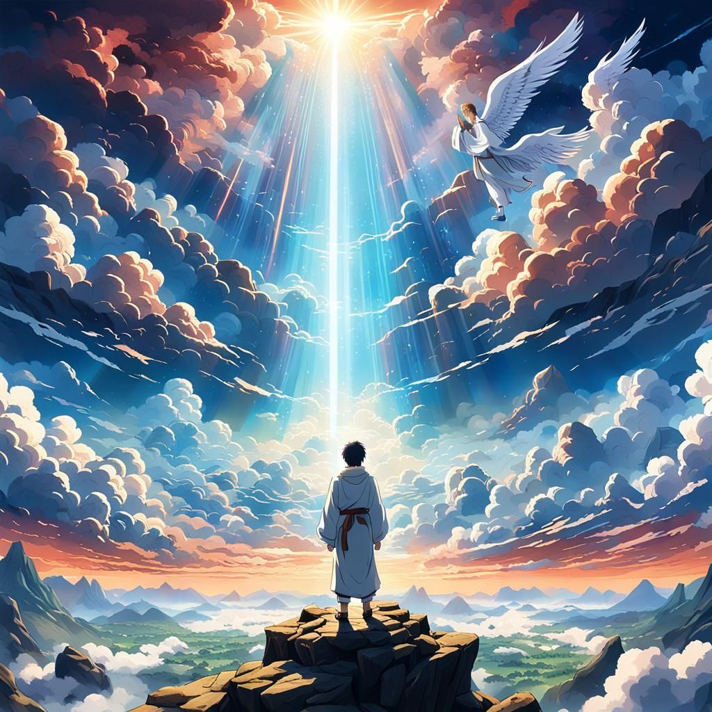 Anime God in Celestial Landscape with Angels