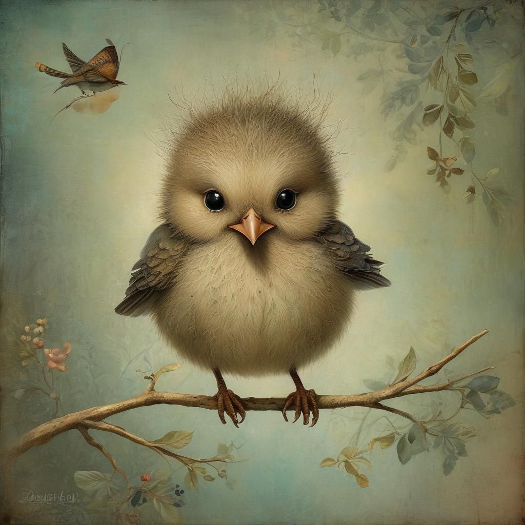 Whimsical Baby Bird Painting in a Cute Style