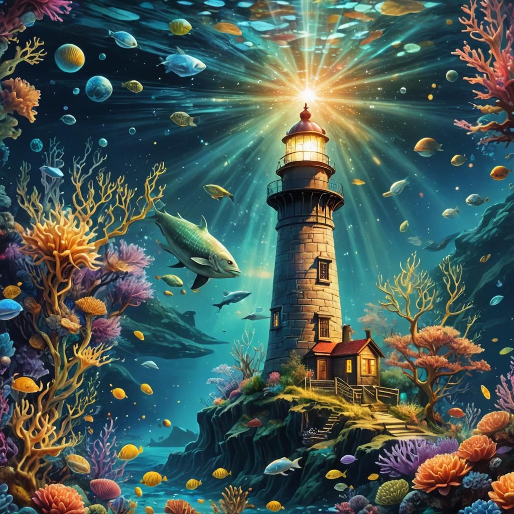 Underwater Lighthouse in Holographic Astral Style