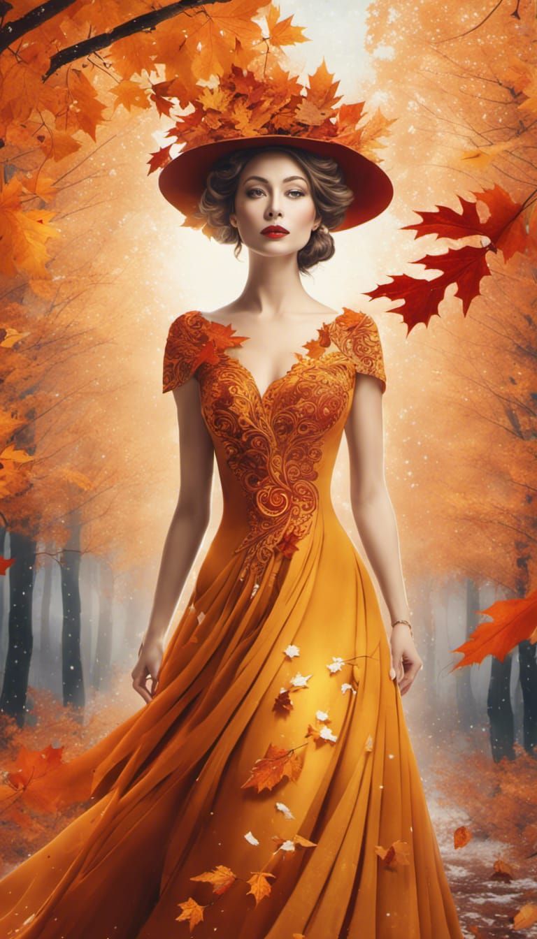 Magical Autumnal Woman in Winter Landscape Ink Art