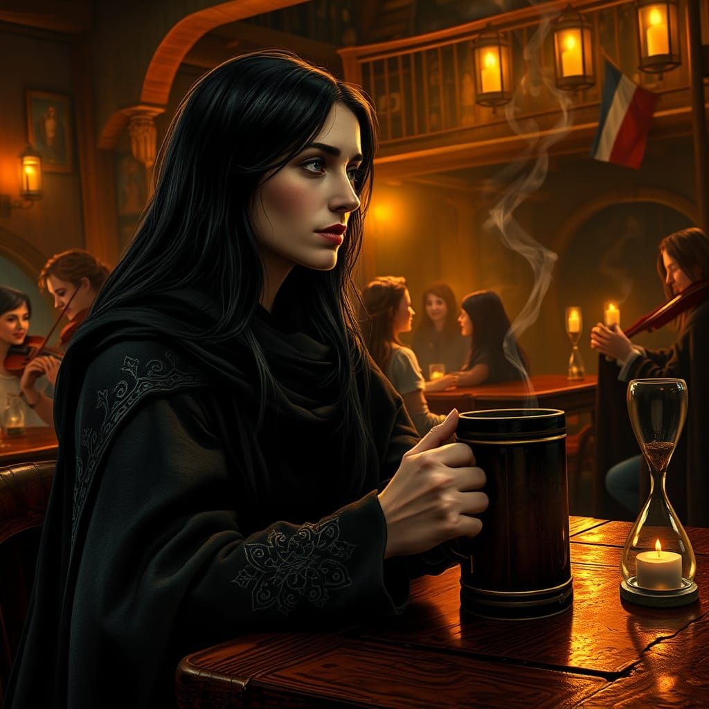 Medieval Inn Scene: Raven-Haired Woman in Art Nouveau Style