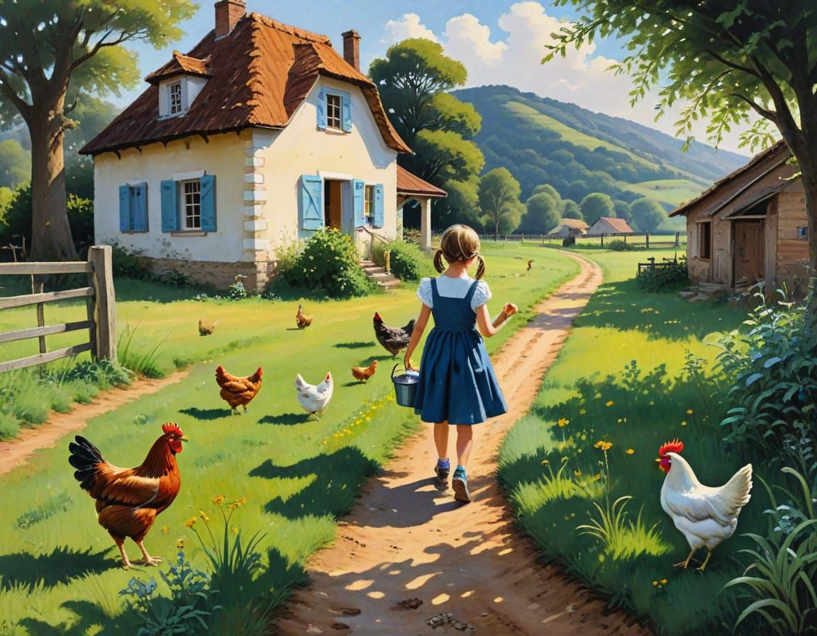 Girl Feeds Chickens in Detailed Gouache Country Painting