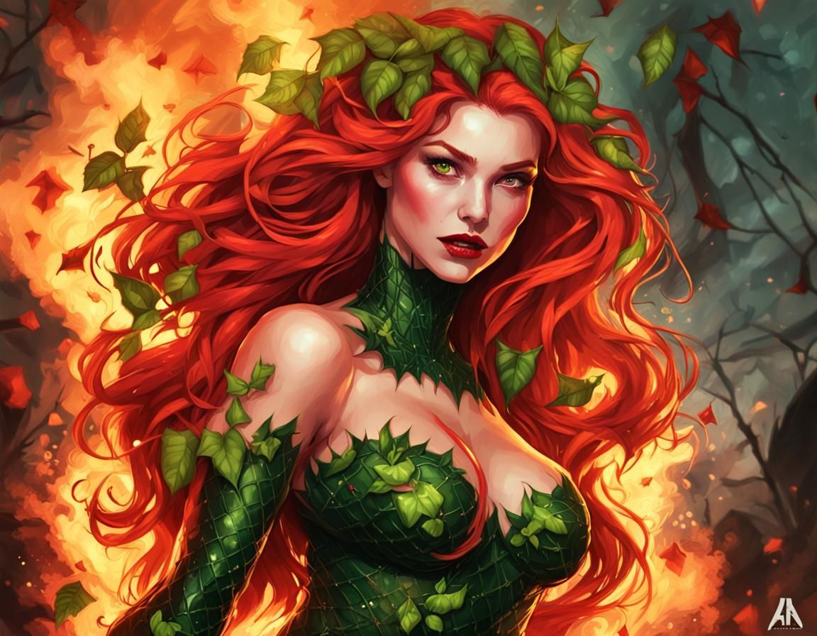 Poison Ivy's Fiery Passion: A Digital Art Temptress