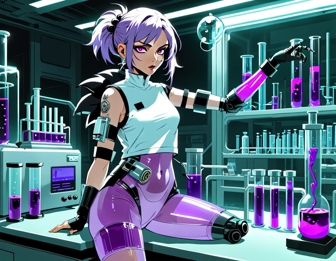 Cyberpunk Scientist with Prosthetic Arm in Lab