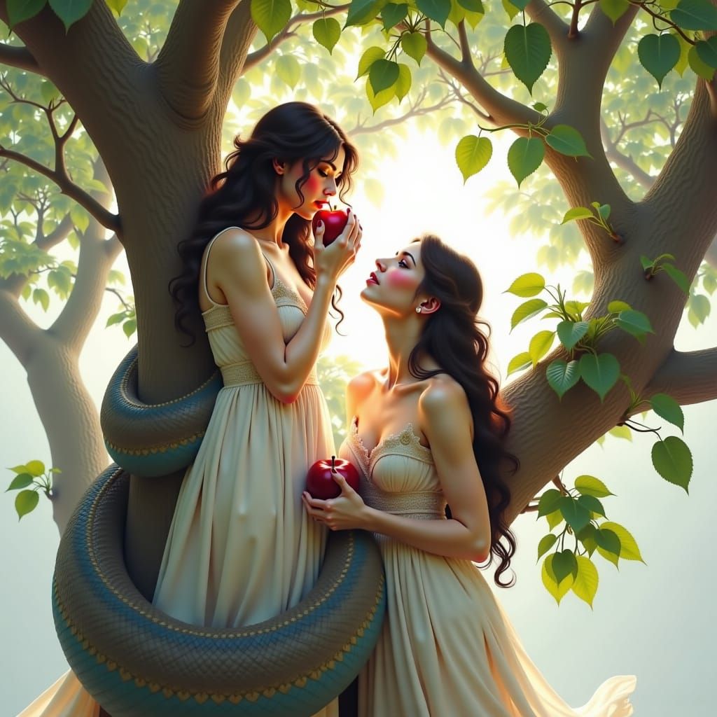Eve's Temptation: Serpent Offers Apple Under Tree of Knowled...
