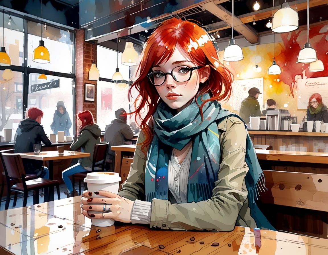 Hipster Princess in Coffee Shop: Manga Watercolor