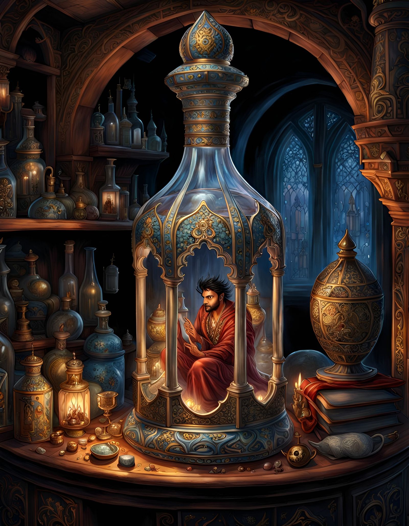 Genie's Tormented Confinement in an Ornate Bottle