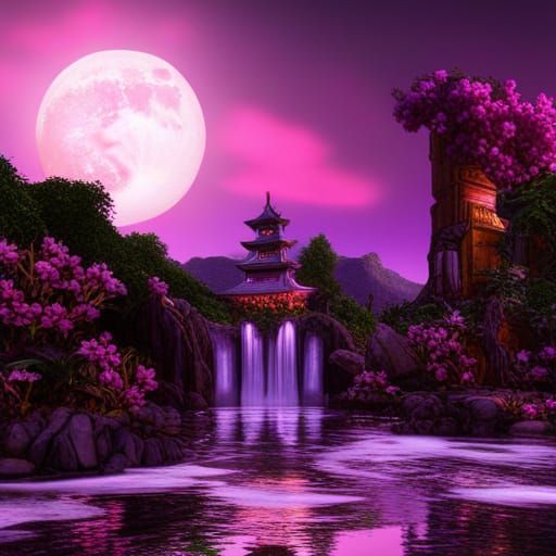 Night Temple: Plum Tree, Waterfall, and Lotus in Digital Art