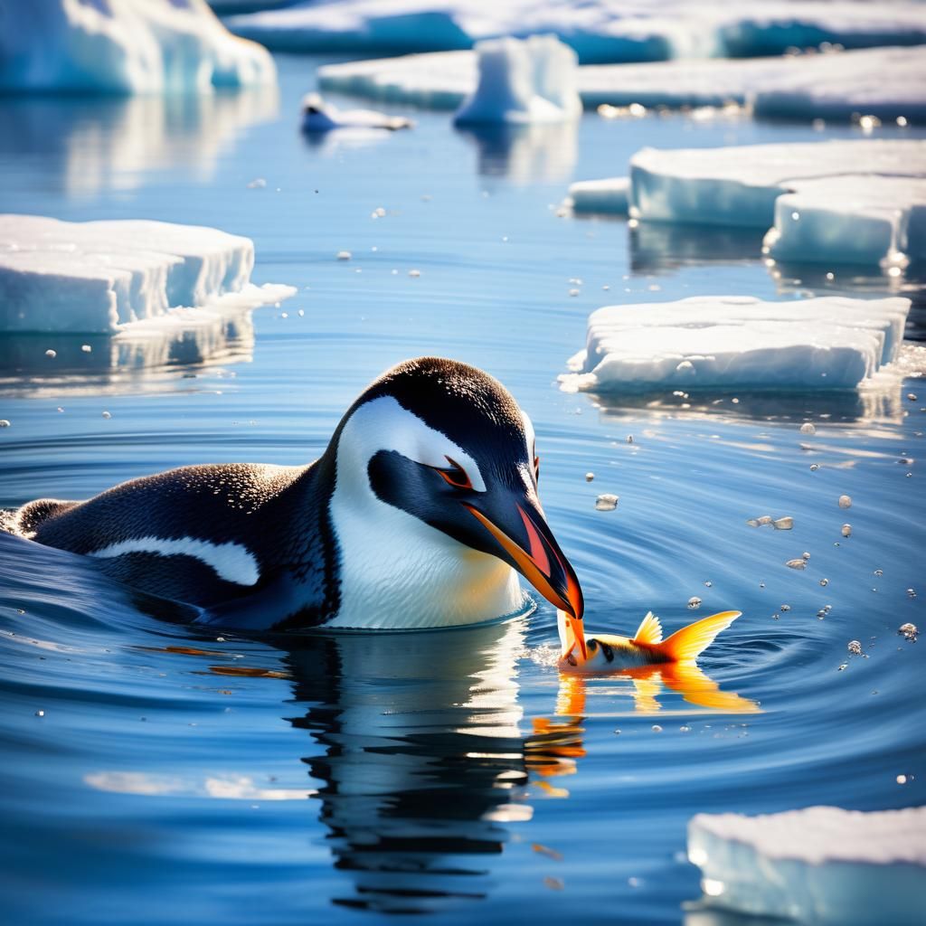 Penguin Swimming with Fish: Impressionist Oil Painting