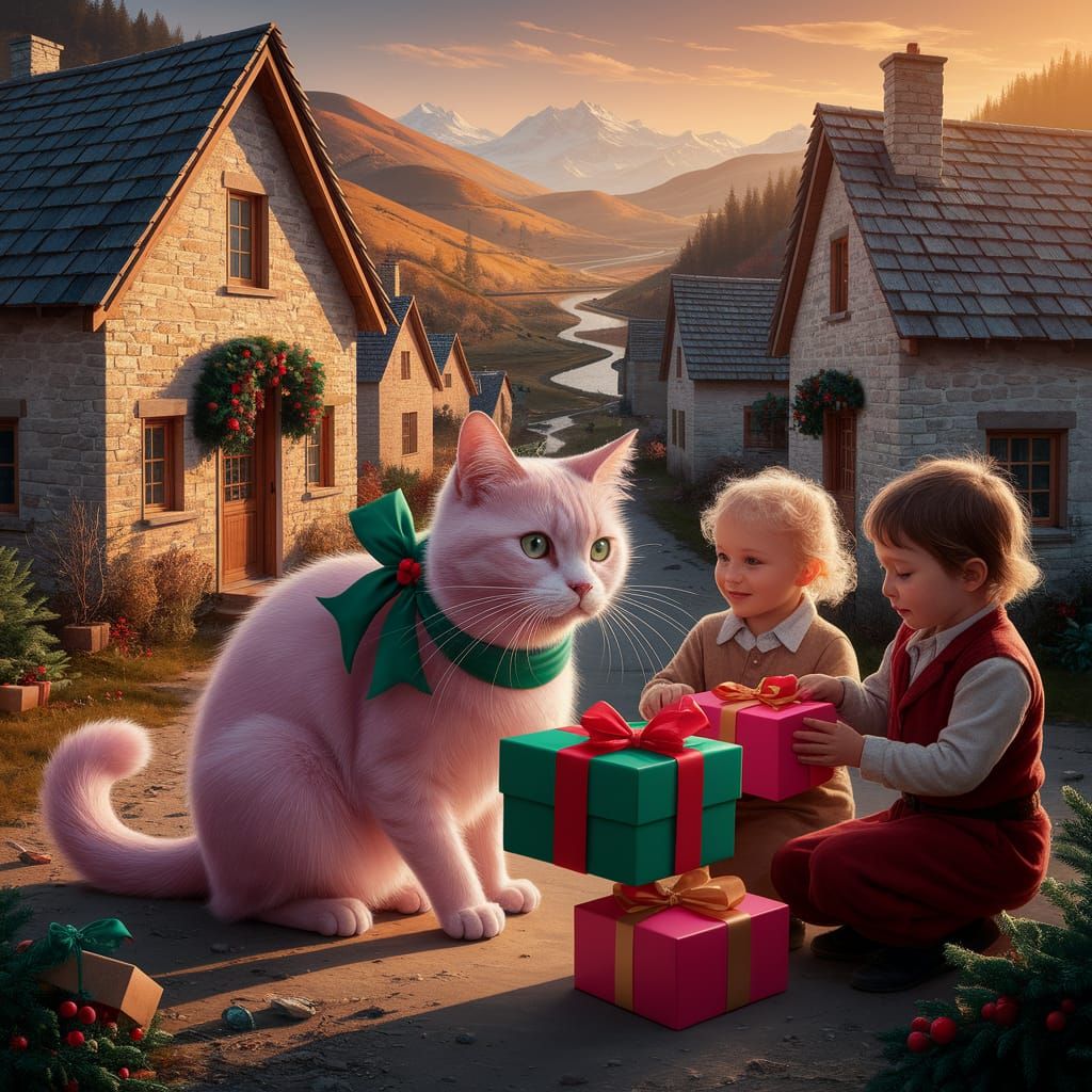 Pink Cat Spreads Holiday Cheer in Village