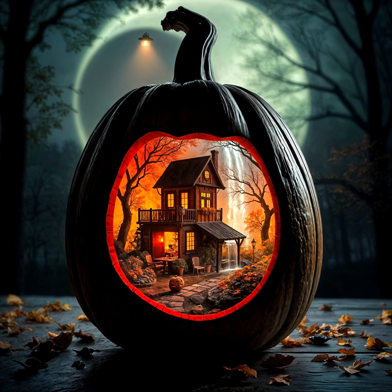 Silhouette Jack-o-Lantern with Enchanted Autumn Landscape