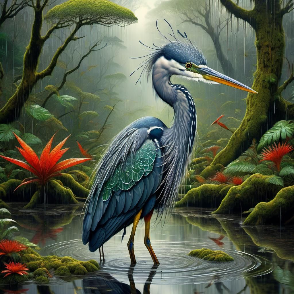 Heron in Mossy Forest River: Digital Art